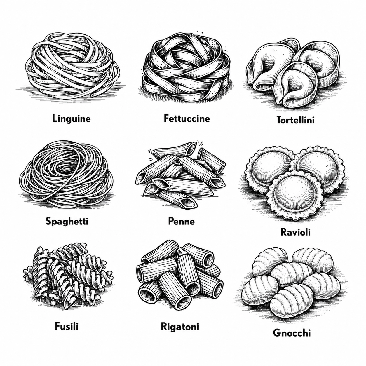 Illustrated pasta shapes